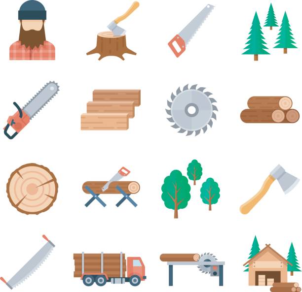 Vector lumberjack icons set in flat style Vector lumberjack icons set in flat style on white background. Tools and equipment of the lumberjack to tree cutting and harvest timbe. Icons of the wood industry and woodworking. serrated stock illustrations