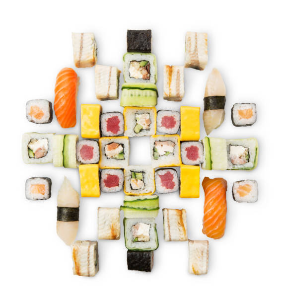 Set of sushi, maki and rolls isolated on white background