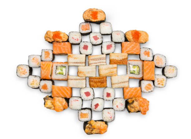 Set of sushi, maki and rolls isolated on white background