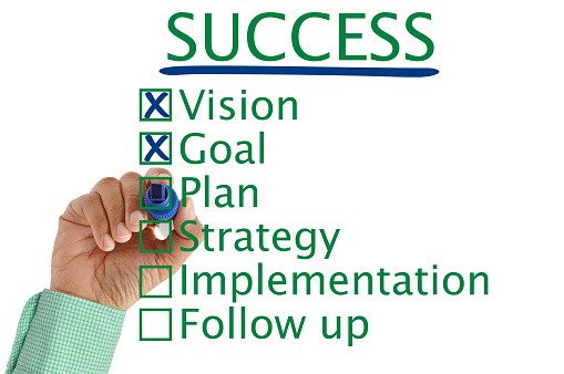 Success check boxes : Vision, Goal, Plan, Strategy, Implementation, follow up hand marking boxes isolated on white background