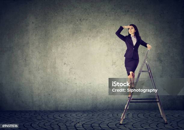 Beautiful Business Woman On A Ladder Looking Far Away Stock Photo - Download Image Now