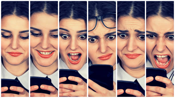 istock Woman using smart phone changing emotions and feelings 694511968