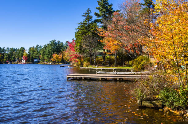 istock Empty Wooden Jetty on a Mountain Lake under Blue Sky 694533006