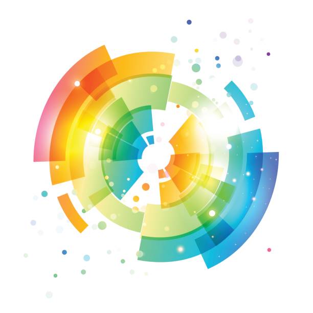 illustrazioni stock, clip art, cartoni animati e icone di tendenza di cerchio vettoriale geometrico techno su bianco - rainbow striped abstract in a row
