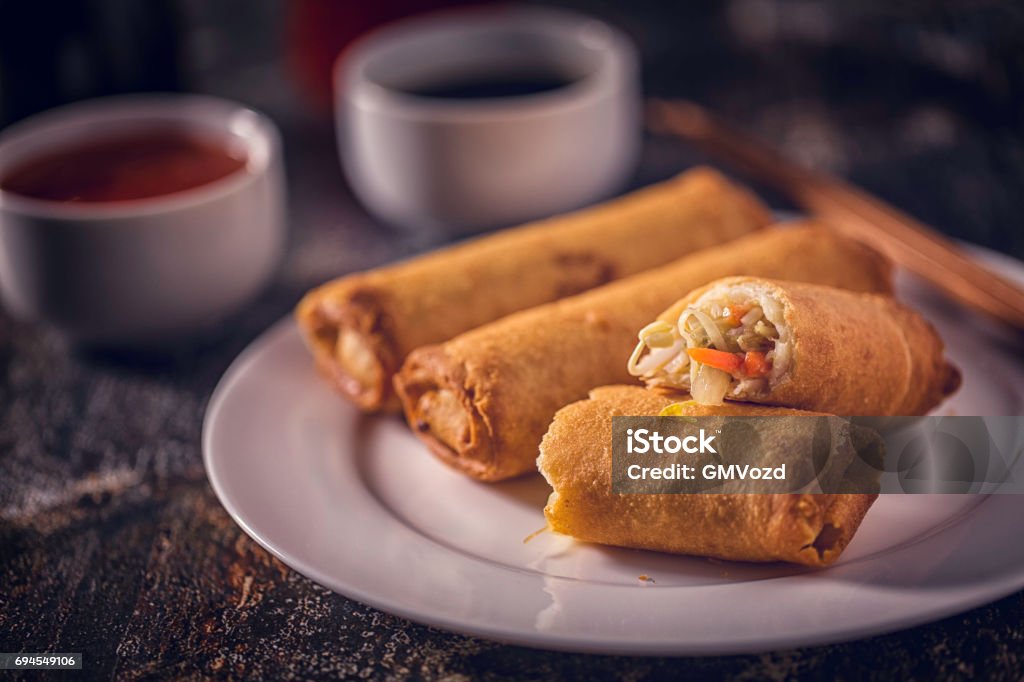 Spring Rolls Spring rolls served on a plate with chili dipping and soy sauce Spring Roll Stock Photo