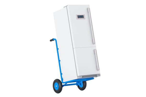 istock Appliance delivery. Hand truck with fridge, 3D rendering isolated on white background 694565678