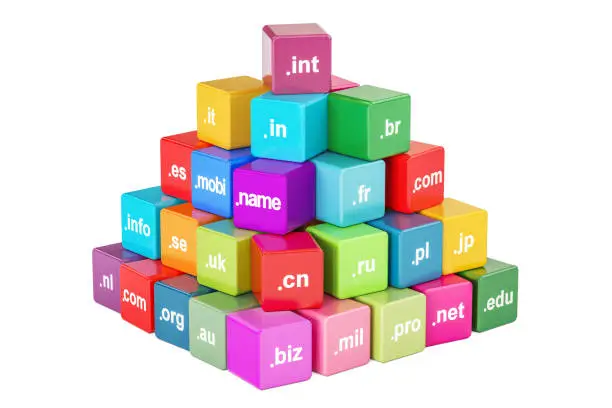 Photo of Set of colored cubes with domain names, 3D rendering