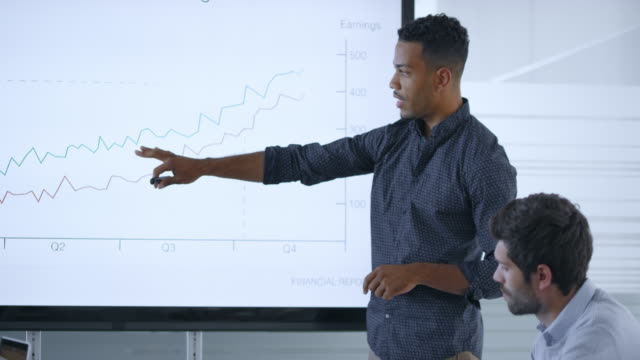 African-American man explaining the financial graph on the screen in the meeting room