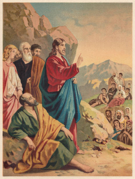 illustrazioni stock, clip art, cartoni animati e icone di tendenza di sermon on the mount (matteo 5-7), cromotiografo, pubblicato nel 1886 - preacher