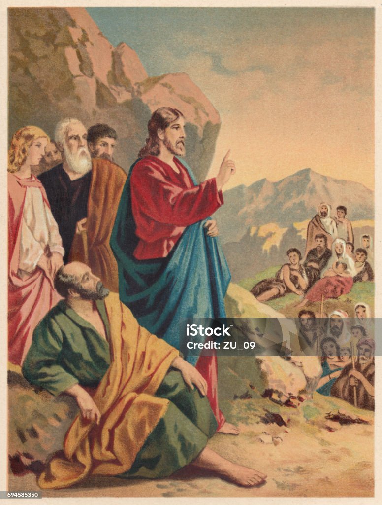 Sermon on the Mount (Matthew 5-7), chromolithograph, published 1886 Sermon on the Mount (Matthew 5 - 7). Chromolithograph, published in 1886. Jesus Christ stock illustration