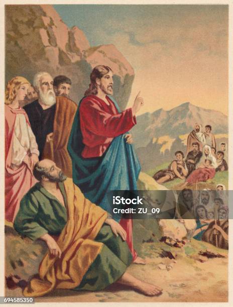 Sermon On The Mount Chromolithograph Published 1886 Stock Illustration - Download Image Now