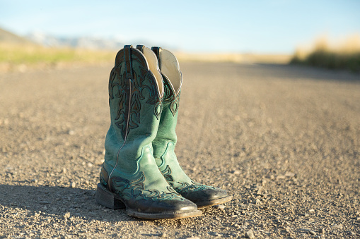 A pair of turquoise and brown cowboy boots on a dirt road, with a long shadow from late afternoon sun. Horizon in background.