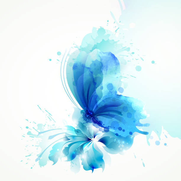 Beautiful watercolor abstract translucent butterfly on the blue flower on the white background. Beautiful watercolor abstract blue butterfly on the flower on the white background. butterfly wing patterns stock illustrations