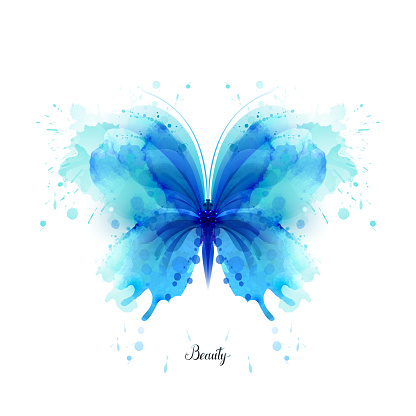 Beautiful blue watercolor abstract translucent butterfly on the white background.