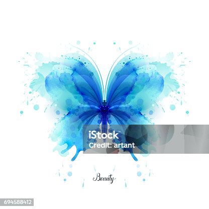 istock Beautiful blue watercolor abstract translucent butterfly on the white background. 694588412