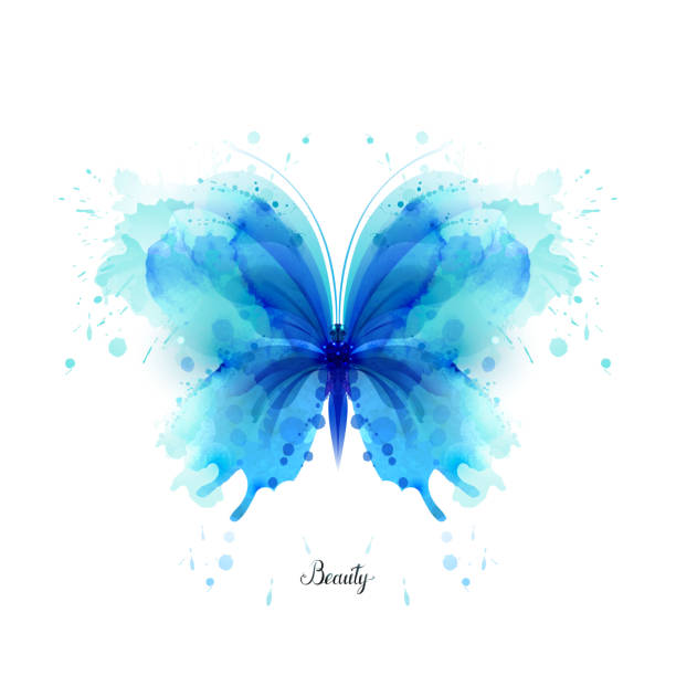 Beautiful blue watercolor abstract translucent butterfly on the white background. Beautiful blue watercolor abstract translucent butterfly on the white background. Wings look like wet watercolor splashing. moth stock illustrations