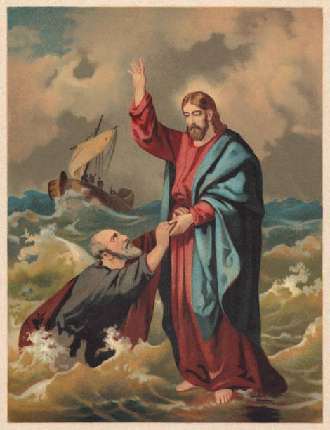 Jesus walks on the water (Matthew 14), chromolithograph, published 1886 Jesus walks on the water (Matthew 14, 22 - 33). Chromolithograph, published in 1886. peter the apostle stock illustrations