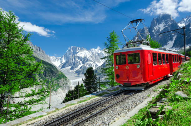 Glacier Mont Blanc Express background in Chamonix, France The alpine mountain background landscape photo was taken outdoors on a sunny day in summer with blue sky and copy space. mont blanc photos stock pictures, royalty-free photos & images