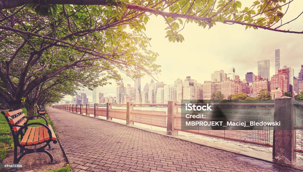 Immagine color tonica del sentiero a Roosevelt Island, New York. - Foto stock royalty-free di Panchina pubblica