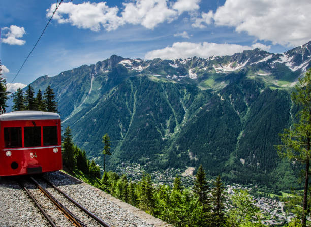 The alpine mountain background landscape photo was taken outdoors on a sunny day in summer with blue sky and copy space.