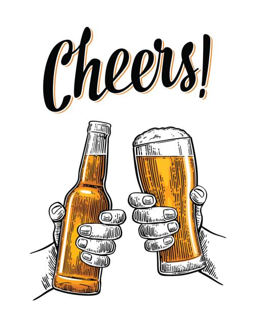ilustraciones, imágenes clip art, dibujos animados e iconos de stock de dos manos sosteniendo y tintinea con botellas y vasos de cerveza - clunking
