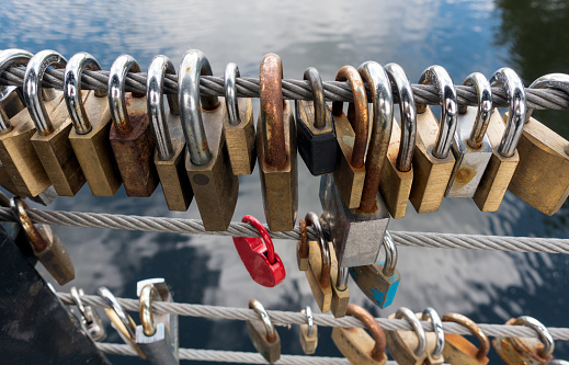 Padlocks on the side of a bridge, safety wires