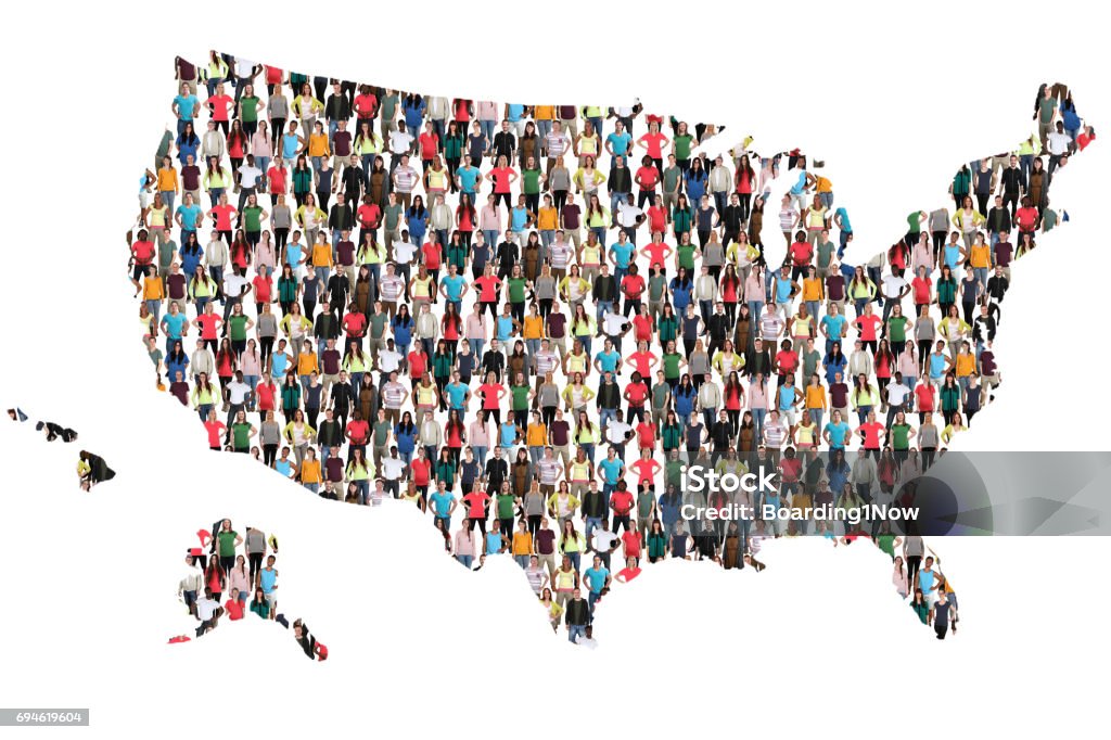 USA United States map multicultural group of people integration immigration USA United States map multicultural group of people integration immigration diversity isolated USA Stock Photo