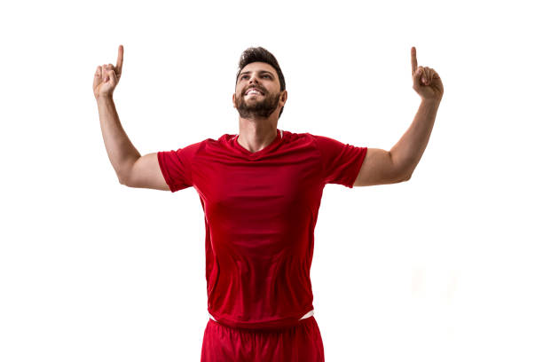 istock Fan / Sport Player on red uniform celebrating on white background 694620360