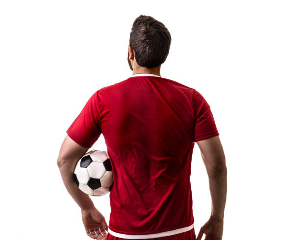 istock Fan / Sport Player on red uniform celebrating on white background 694620376