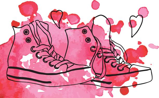 illustrazioni stock, clip art, cartoni animati e icone di tendenza di scarpe sneakers cuori amano linea arte acquerello spot vettore - lace pink white black