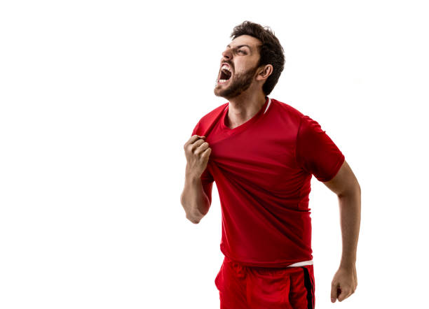 ventilador / sport player no uniforme vermelho comemorando em fundo branco - red white american football stadium soccer stadium - fotografias e filmes do acervo
