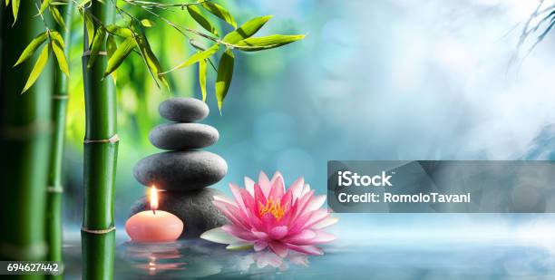 Spa Natural Alternative Therapy With Massage Stones And Waterlily In Water Stock Photo - Download Image Now