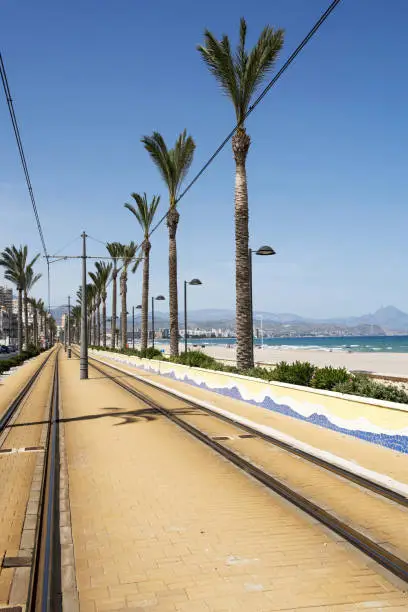Tram route near the beach in Alicante, Spain.