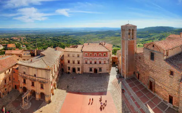 Montepulciano town panorama in Tuscany, Italy. Historic city center. View from Communal Palace on La Cattedrale di Santa Maria Assunta