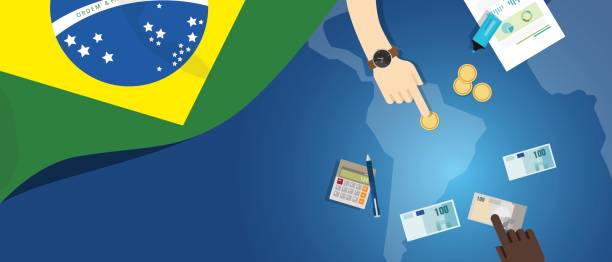 ilustrações de stock, clip art, desenhos animados e ícones de brazil fiscal money trade concept illustration of financial banking budget with flag map and currency - the americas latin american and hispanic ethnicity map latin america