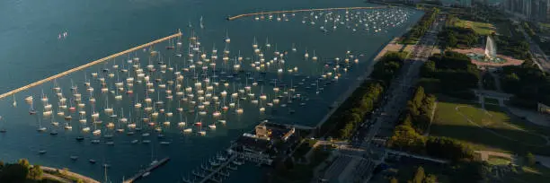 Panoramic photograph of boats in Monroe Harbor, Chicago, Illinois.