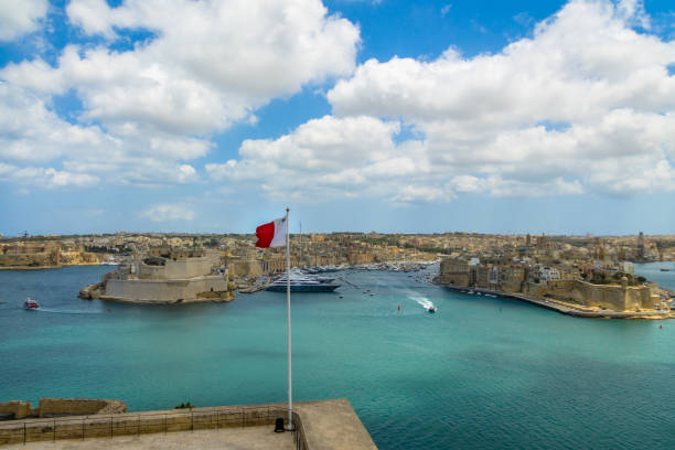 Grand Harbour and Fort Saint Angelo - Valletta, Malta Grand Harbour and Fort Saint Angelo - Valletta, Malta knights of malta stock pictures, royalty-free photos & images