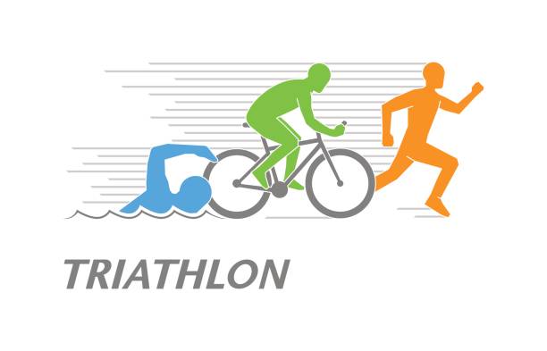 Modern logo triathlon and figures triathletes. Modern logo triathlon. Figures triathletes on white background. Swimming, cycling and running symbol. swimming silhouettes stock illustrations