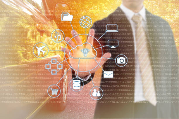 istock Businessman hand touching on virtual screen. 694710436