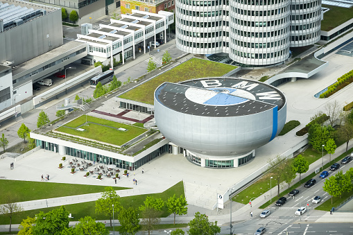 MUNICH, GERMANY - MAY 6, 2017 : Aerial view of the BMW Museum from Olympic Tower in Munich, Germany.