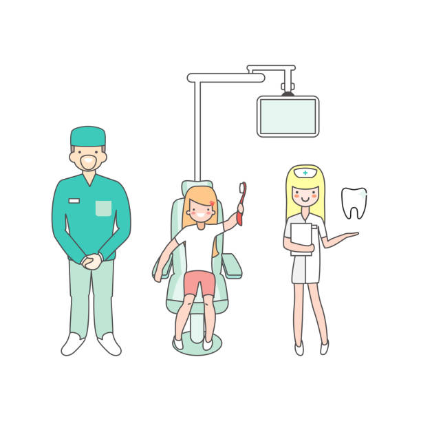 ilustrações de stock, clip art, desenhos animados e ícones de dental care. dentist doctor, nurse and patient in medical dental clinic. girl in dentist chair. vector cartoon people characters in linear style design. line isolated icons - dentist dentist office dentists chair cartoon