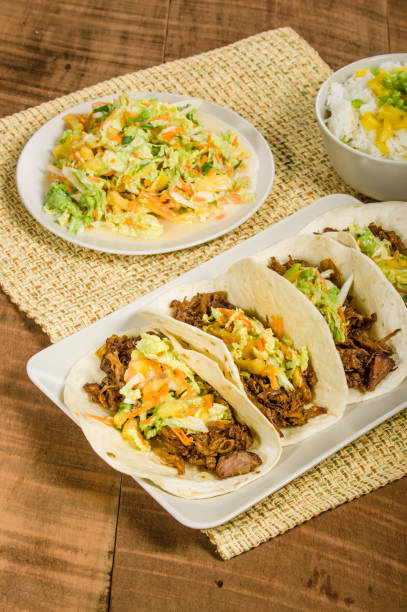 istock Pork tacos on a white serving plate 694715478