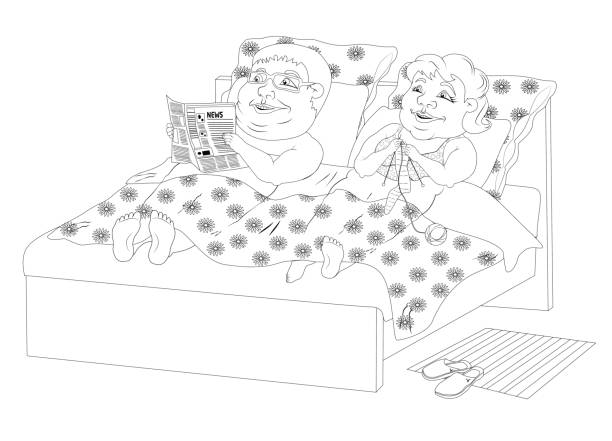 ilustrações de stock, clip art, desenhos animados e ícones de fat people in bed - black and white image - mattress newspaper reading bed