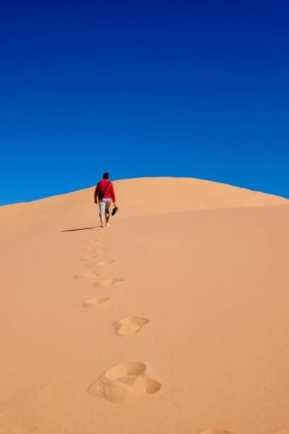 istock Man walking on sand dunes to the sky. 694716462