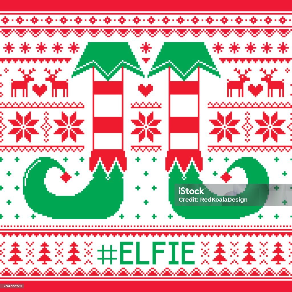 #Elfie, Elfie Christmas seamless pattern, ugly jumper decoration with elf legs Xmas background - Nordic style Xmas decoration Christmas Sweater stock vector