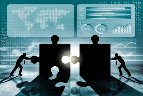 istock Business men teamwork joining puzzle on blue background 694722976