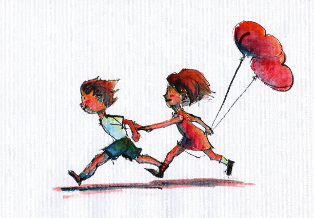 ilustrações de stock, clip art, desenhos animados e ícones de boy and girl holding a heart- shaped balloon - illustration and painting watercolor painting people couple
