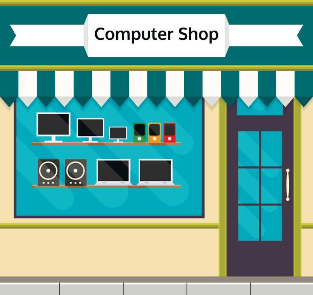 ilustrações, clipart, desenhos animados e ícones de frente de loja de computador ou fachada em estilo simples. eps10 ilustração vetorial de loja de eletrônicos com vitrine. - loja de informatica