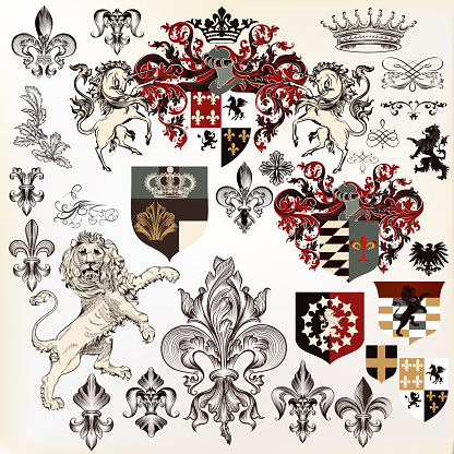 Collection of heraldic elements  with lion, shield,  griffin etc