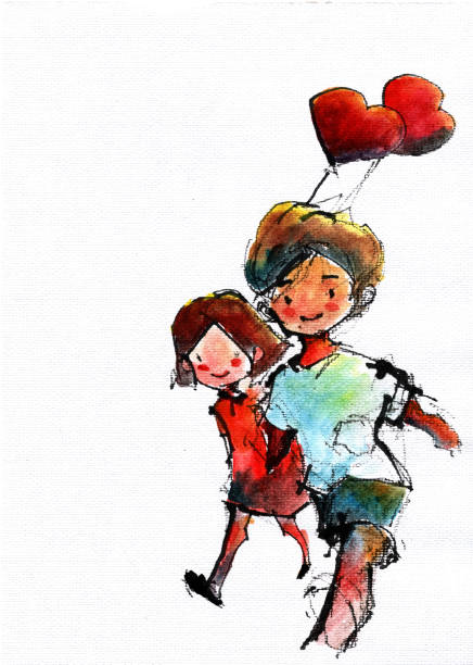 ilustrações de stock, clip art, desenhos animados e ícones de boy and girl holding a heart- shaped balloon - illustration and painting watercolor painting people couple